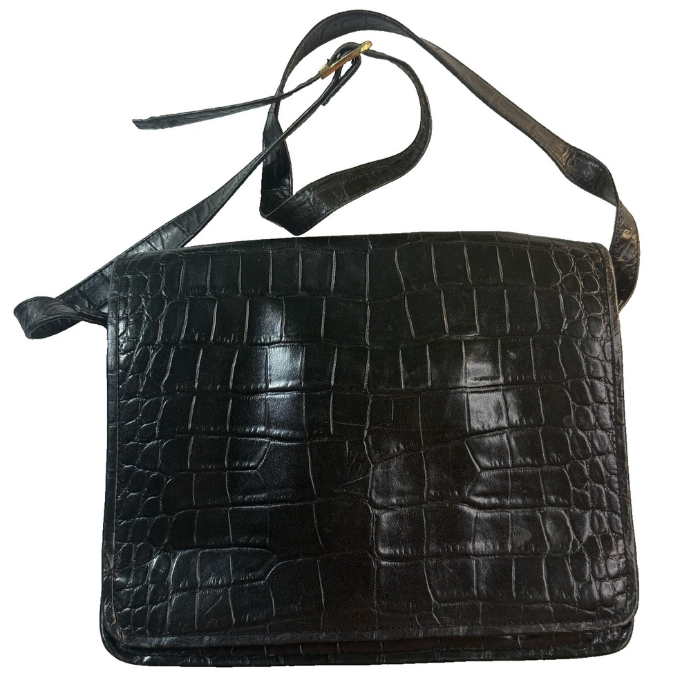 Croc Embossed Crossbody Bag Womens Quiet Luxury Black Vintage Leather Snap Flap